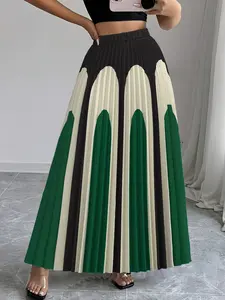 Women's Elegant Geometric Print Pleated Skirt, Fitted Long Maxi Skirt for All Seasons, Formal & Casual Everyday Wear, Easy Care Fashion Bottoms