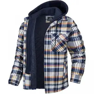 Best-selling men’s flannel plaid hooded jacket with full zip and sherpa fleece lining — warm fashion coat; plaid long-sleeve hooded shirt jacket; jersey hoodie