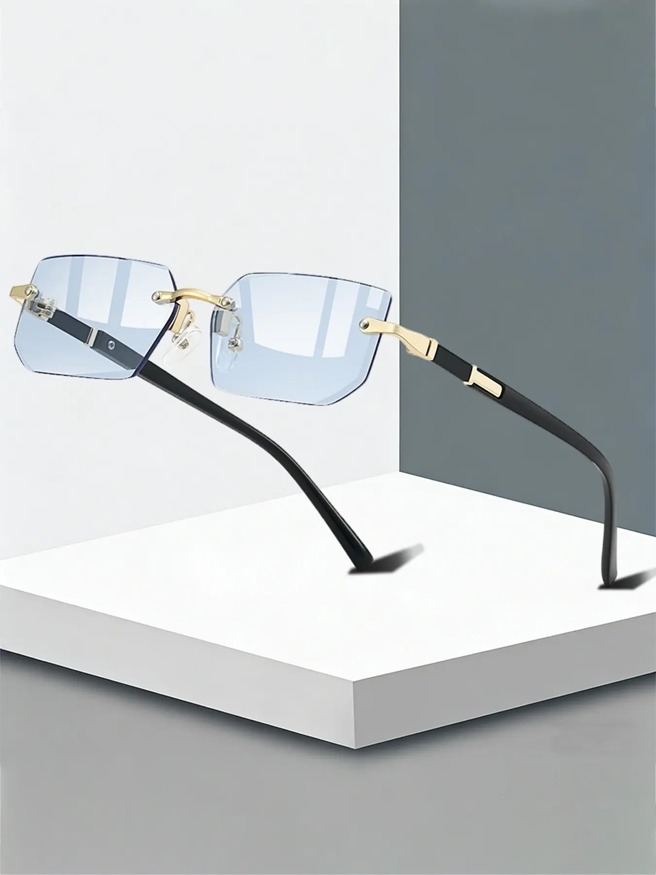 Frameless rectangular gradient glasses, Trending glasses, Casual stylish glasses, with colored lens metal frame design, multiple colors available, metal mirror legs, making it perfect for daily wear and street photography