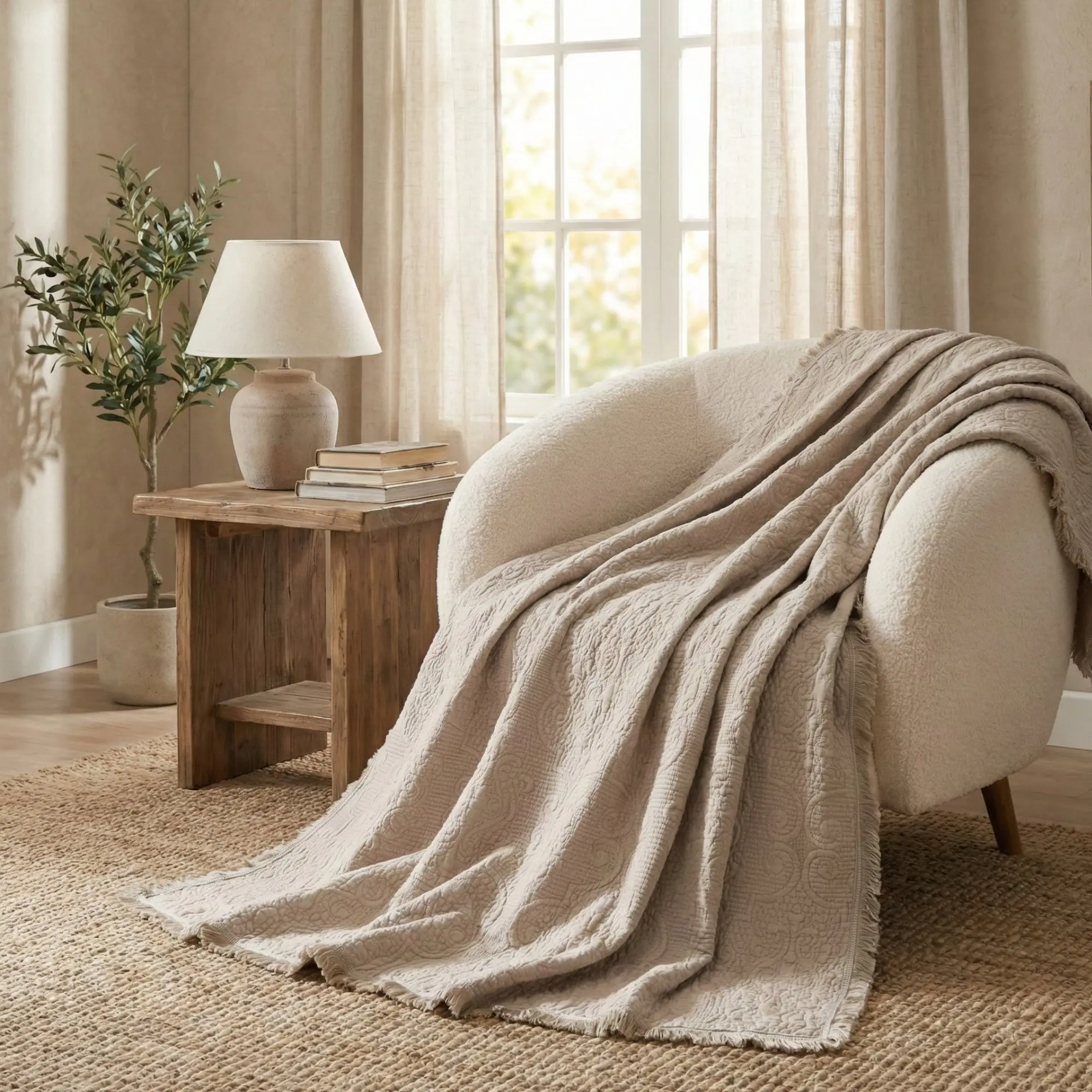 DaDa Bedding Elegant Fringed Cotton Quilted Throw Blanket - Quilt Throws, Luxurious Solid Paisley Pattern, Soft Cozy Lightweight Lap Cover, Ideal for Couch/Bed, Neutral Sandy Taupe Tan Beige, 50x60 In, Reversible Blanket Throws