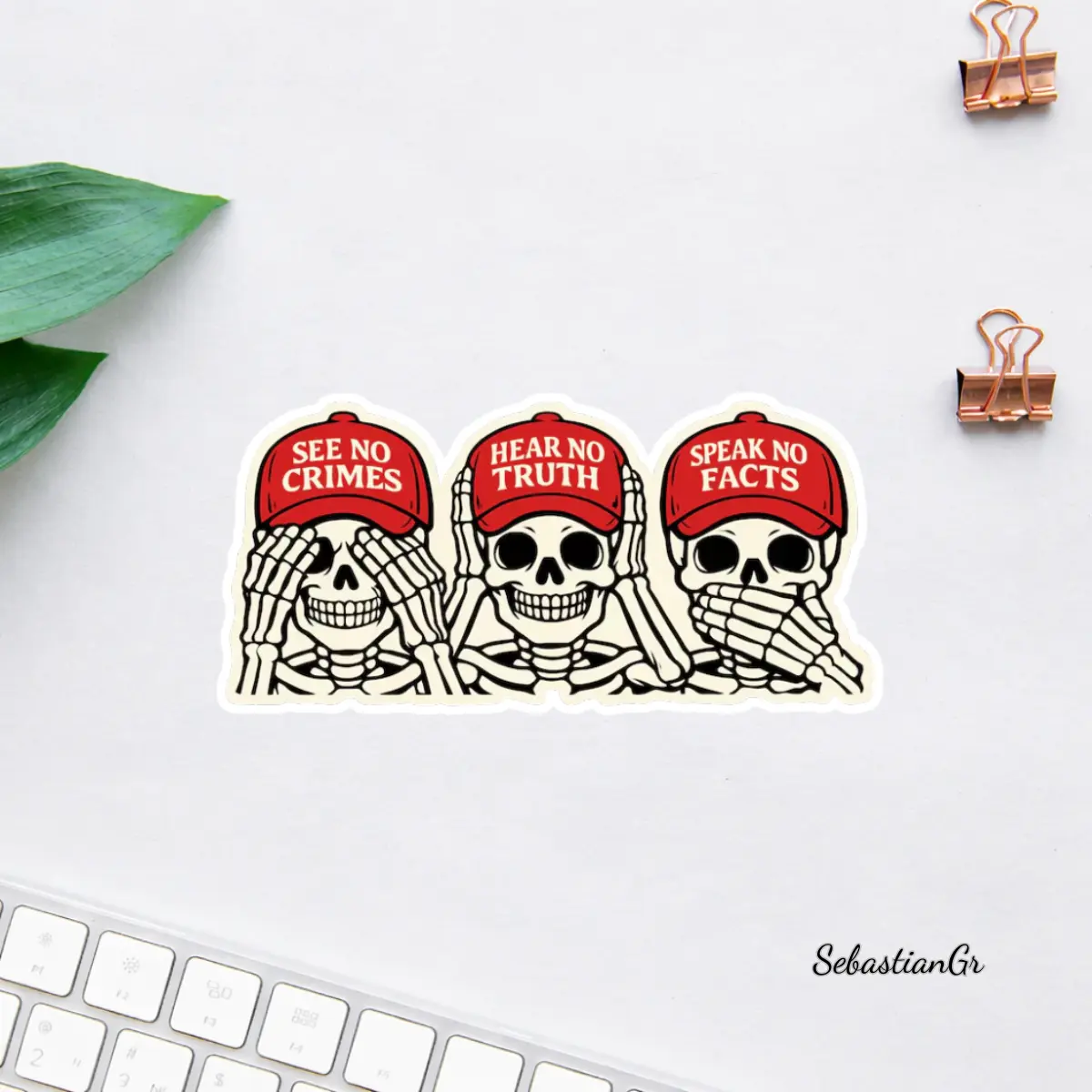 See Hear Speak No Evil Skeleton Sticker, Funny Satirical Humor Vinyl Decal, Skull Meme Car Laptop Sticker