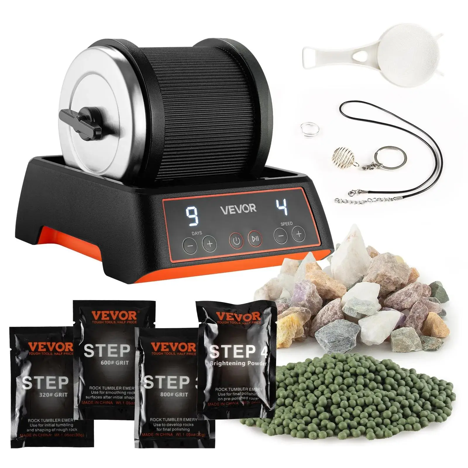 【Summerfinds】VEVOR Rock Tumbler Kit, 2 lbs Rock Polishing Kit, 4 Speed Settings 9-Day Polishing Timer Stone Polishing Kit, Rock Polisher with Rough Gemstones and Polishing Grits, Rock Polisher for Adults Kids