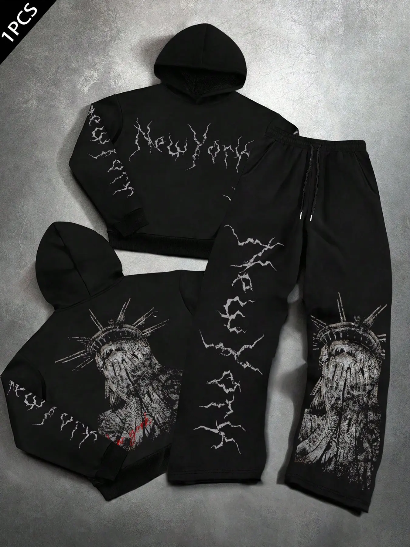 Men's Oversized Streetwear Hooded Stylish Tracksuit Set New York Statue of Liberty Distressed Graphic Hoodie and Baggy Sweatpants | Grunge Y2K Goth Dark Aesthetic 2 Piece Outfit for Street Style & Daily Wear