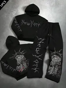 Men's Oversized Streetwear Hooded Stylish Tracksuit Set New York Statue of Liberty Distressed Graphic Hoodie and Baggy Sweatpants | Grunge Y2K Goth Dark Aesthetic 2 Piece Outfit for Street Style & Daily Wear