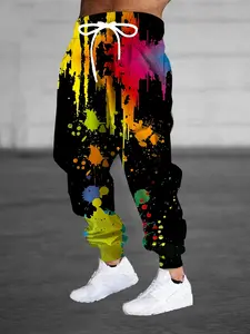 Men's 3D Color Splash Printed Casual Pants, Casual Comfy Trouser, Vibrant Contrasting Color Design Drawstring Belt Pocket Sports Pants, Comfortable Home Pants, Durable Fabrics Trendy Street Style