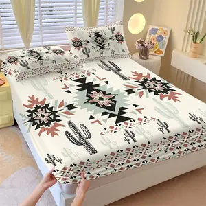 3Pcs Boho Western Cactus Tribal Fitted Sheet Set, Aztec Geometric Print Bed Sheet Set, Southwestern Desert Style Bedding Set with 2 Pillowcases, Deep Pocket Bedding for Teen Girls Bedroom, Perfect Gift for Western Home Lovers