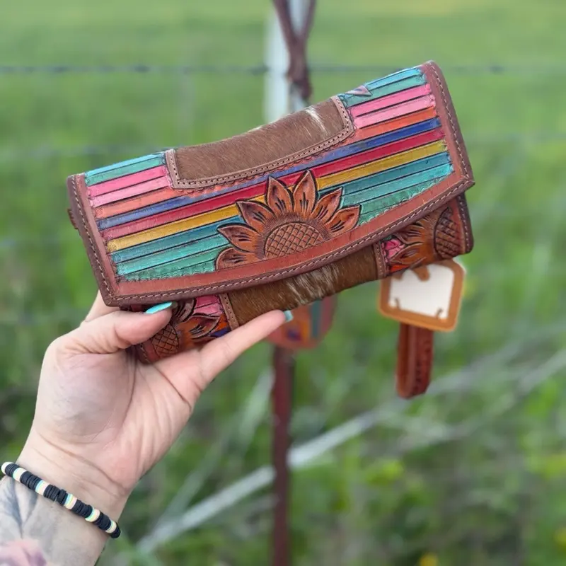 Western Cowhide Wallet Clutch with Sunflower To oled Leather | Genuine Hair-On Hide Wristlet/crossbody wallet