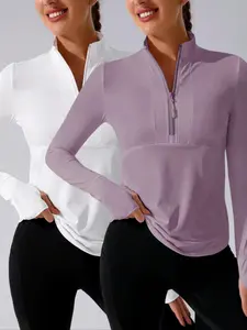 Women's Solid Half Zip Mock Neck Sports Sweatshirt, Casual Long Sleeve Thumb Hole Design Sports Outerwear Jacket for Daily Outdoor Wear, Ladies Sportswear for Spring,Athletic Clothes, Fall Outfits, Athletic Workout Clothing