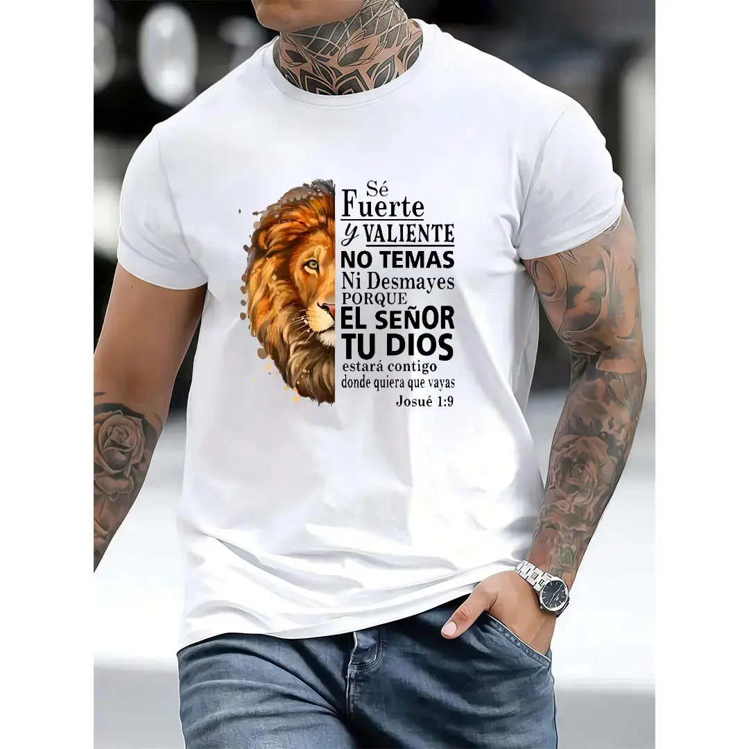 [100% Cotton] Valiente Josue 19 Spanish Christian Bible Verse T-Shirt  Men's Christian Lion "Be Strong & Courageous" Quote Tee