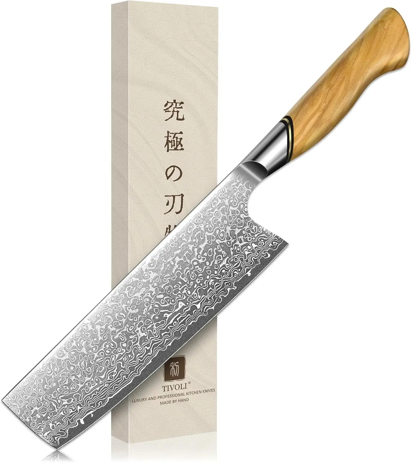TIVOLI Damascus Nakiri Knives, 6.5 in Japanese VG-10 Multipurpose Kitchen Knife - Ergonomic Olive Wood Handle, Ideal Gift for Parents