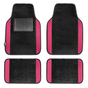 Non-Slip Carpet Floor Mats With Colored Trim - Full Set Pink, Car Interior Accessory