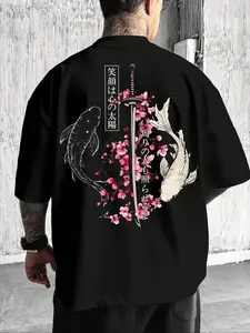 Men's Casual Simple Fitted Samurai Sword Yin Yang Fish Graphic Print Short T-Shirt, Fashion Trendy Commuter Outdoor Streetwear Hip Hop Vintage Personality