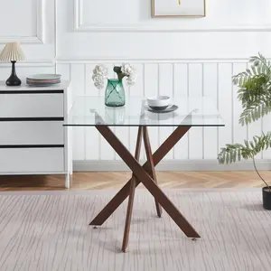 Dining Table with cross metal leg and tempered glass,Modern Space Saving Kitchen Table for Living Room,walnut color legsSquare table,90x90x75cm