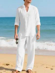 Men's solid-color plain linen suit set (2-piece), consisting of a classic collar button-down long sleeve Henry shirt and wide-leg pants. Suitable for summer vacations and daily casual wear. It features excellent breathability for beach outfits.