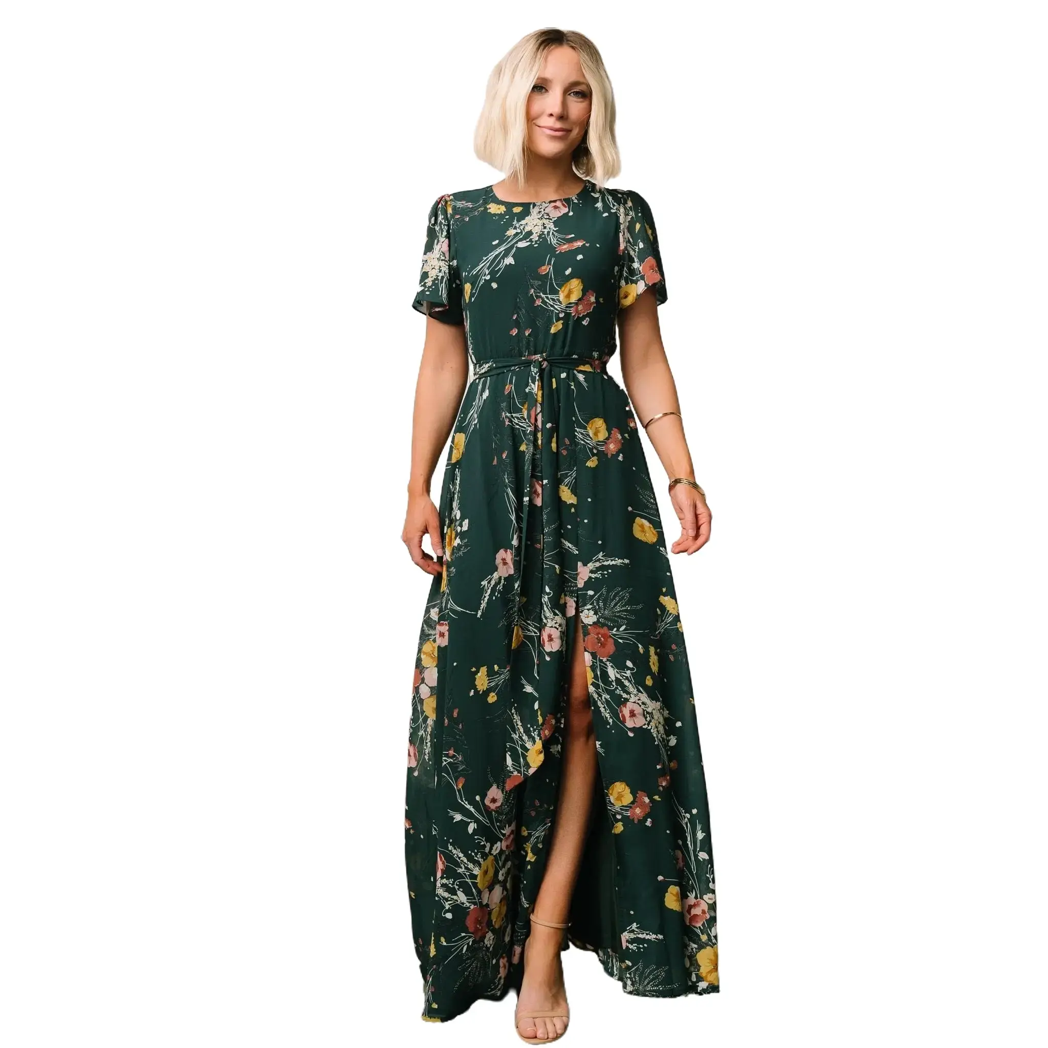 Women's Casual Polyester Short-Sleeve Dark Green Floral Print Maxi Dress - Button-Accented, Elastic Waist, Flutter Sleeves, Slit, Anniversary-Ready