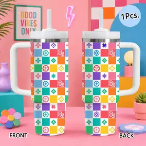 Luxury Designer Colorful Checkerboard BB Monogram Vacuum Flasks 40oz Stainless Steel Tumbler with Handle & Straw, Vacuum Insulated Travel Mug Keeps Drinks Cold Up to 34 Hours, Leak-Resistant Cup for Iced Coffee, Water, Office, Gym or Travel