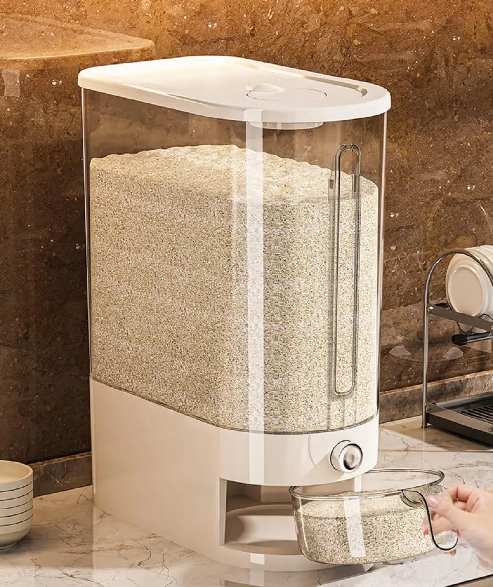 Rice Dispenser, Airtight Rice Storage Container with Measuring Cup | 22 Lb Capacity,Easy Dispensing,Convenient Access,Clear Contents Visibility,Wooden Stand Design,Space-Saving Countertop Storage