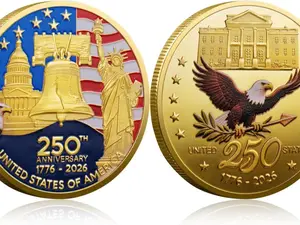 250th Anniversary Commemorative Coins - Golden American Flag & Liberty Bell Design Collectible Coins, Durable Metal Anniversary Coins for Display, Collectors & Gift Idea (1PCS)