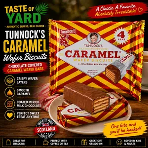 Tunnock's Caramel Wafer Biscuits 4 Pack Chocolate Covered Crispy Layers Smooth Caramel Bars Perfect Sweet Treat
