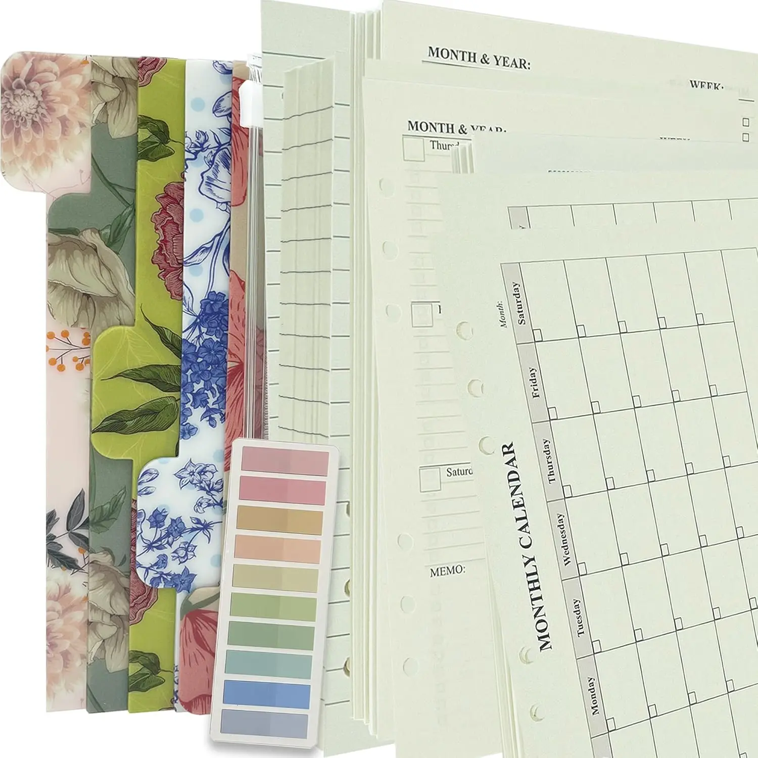 90+54+14 A5 Refill Paper with Undated Monthly Weekly Calendar Planner Inserts, 6 Ring Loose Leaf Lined Filler Paper Refillable for Binder Planner Journal Agenda Notebook