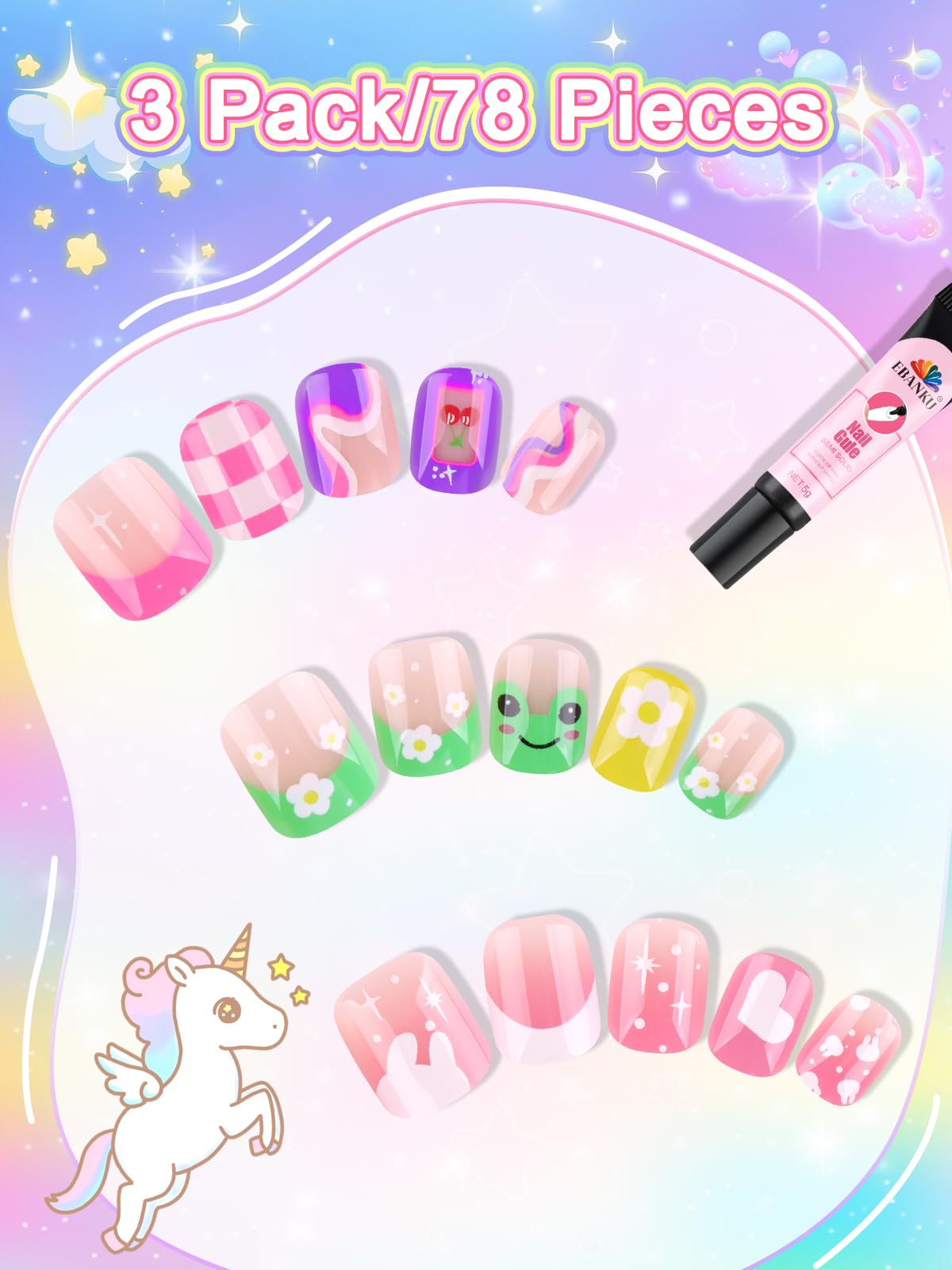 EBANKU 78 Pcs Press on Nail Kids, Frog 3 Pack Children Fake Nail Kit Full Cover Short False Fingernails with Nail Glue Nail Tools for Girl Nail Decoration