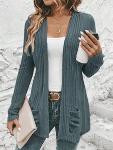 Women's Ribbed Open Front Sweater Cardigan, Casual Long Sleeve Cardigan Sweater for Spring & Fall, Women's Knit Clothing for Daily Wear