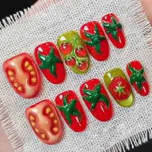 Handmade Tomato Food Press On Nails | 3D Cherry Tomato, Red Veggie Art | Fun Bold Kitchen Vibes