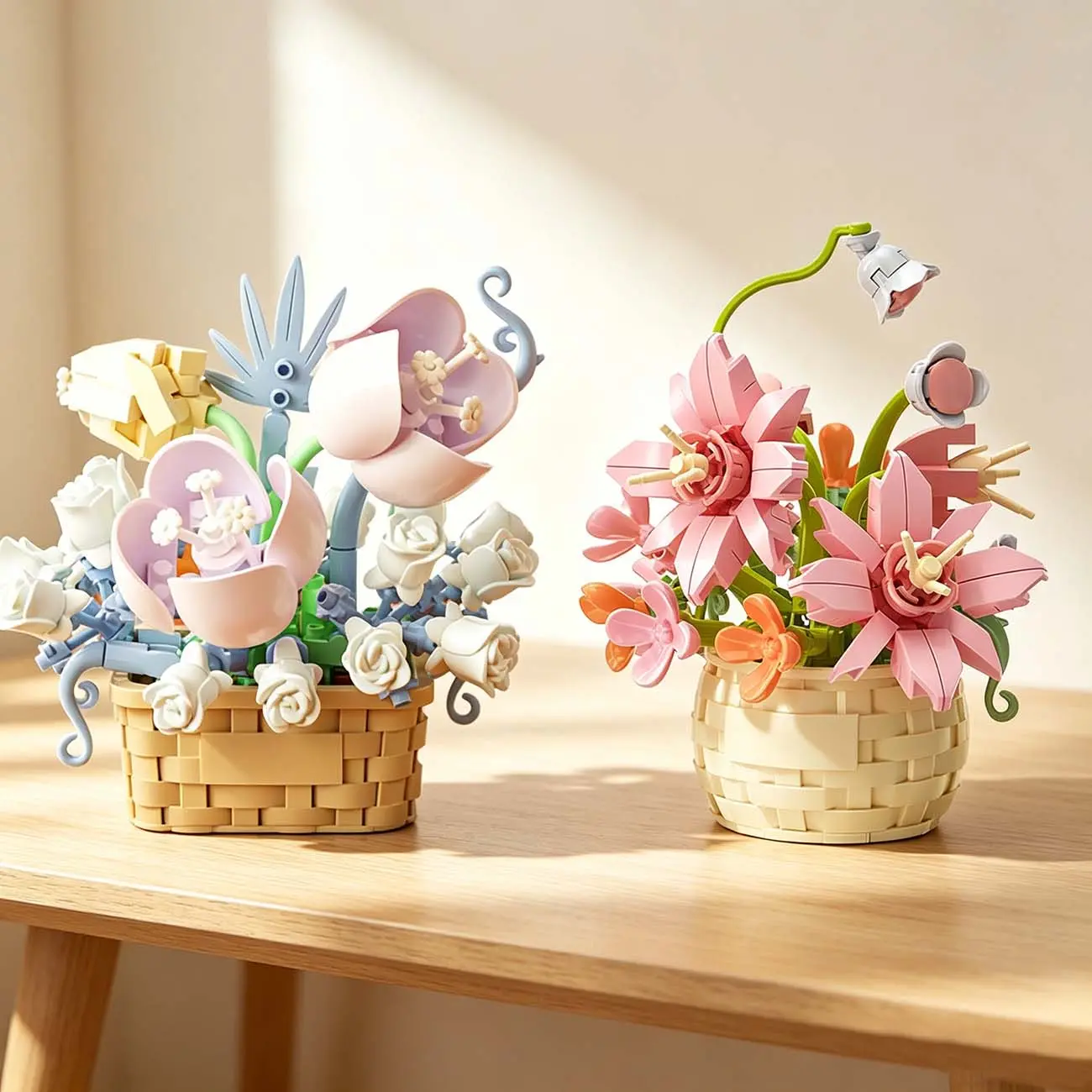 Mini Flowers Building Block Set 2 Pack, Flower Blocks Toys, Building Block Flowerpot, Botanical Collection Miniature Bricks Basket Combo, Creative Hobby Gifts for Girls Women Adults