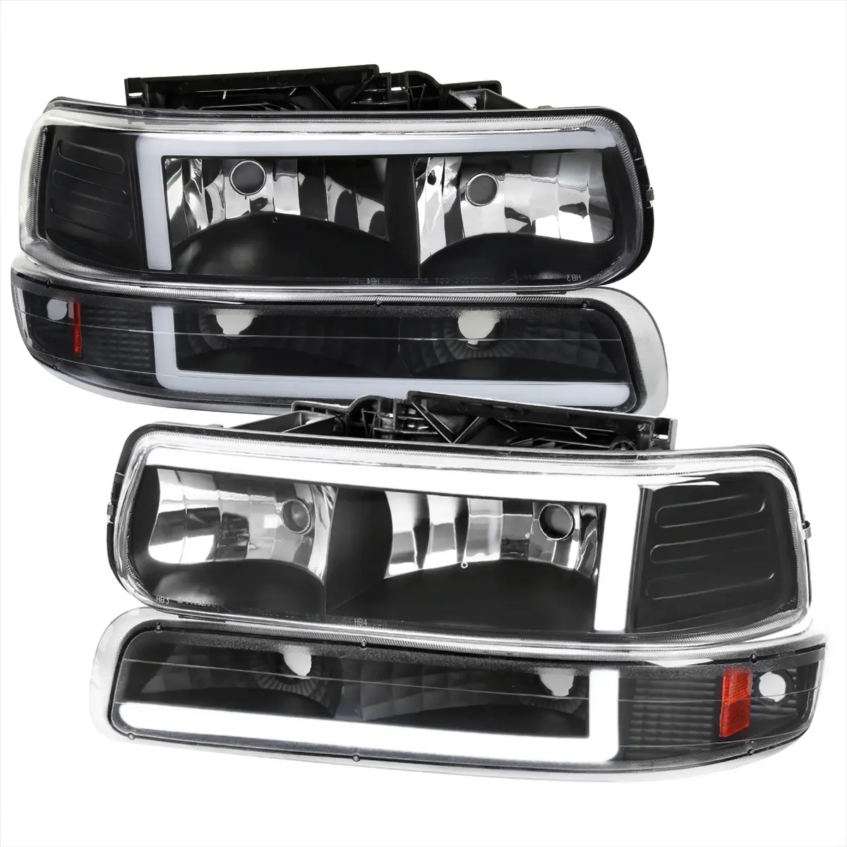 1999-2002 Chevrolet Silverado 1500 2500 / 2000-2006 Tahoe Suburban LED Bar Factory Style Headlights & Bumper Lights w/ Amber Reflector (Matte Black Housing/Clear Lens)
