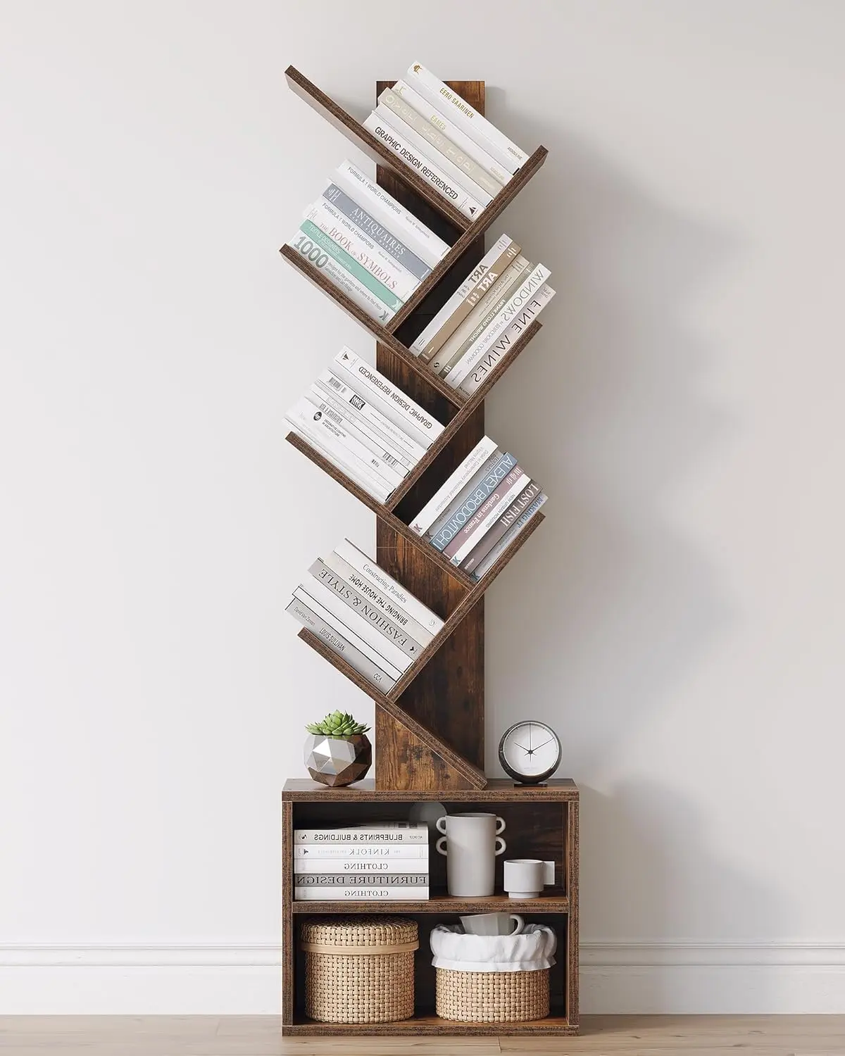 6-Tier Branch-Inspired Engineered Wood Bookshelf with Storage Cabinet, Modern Narrow Floor-Standing Organizer, Includes Hardware for Bedroom Living Room Home Office Corner, Rustic Brown, 6-Tier Height