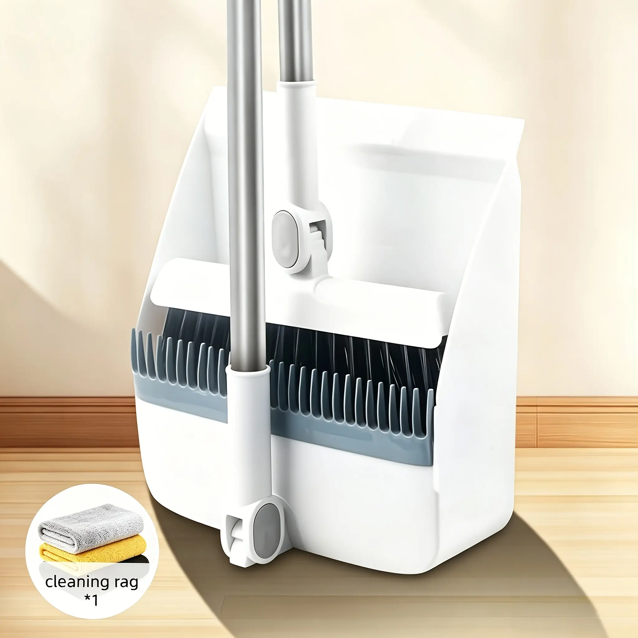 3-in-1 Standing Broom and Dustpan Set, Long Handle Floor Sweeper Kit with Comb Teeth Dustpan & Trash Bag Holder, Space Saving Cleaning Tools for Kitchen, Balcony, Patio, Garage & Outdoor Use