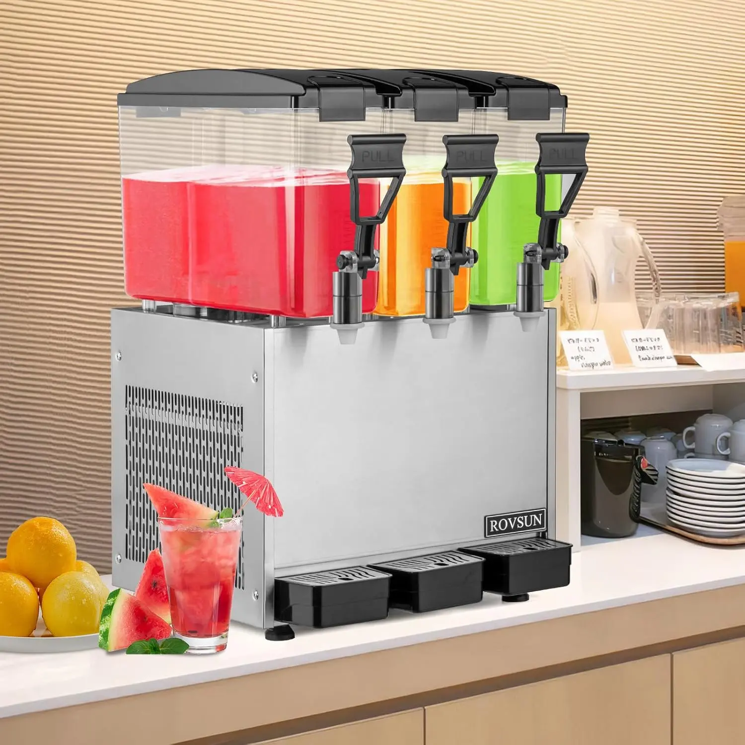ROVSUN 7.8 Gal/30L Commercial Beverage Dispenser, 10L X 3 Tanks Commercial Juice Dispenser Cold Drink Dispenser Stainless Steel with Thermostat Controller for Home Restaurant Bar Party 110V/60HZ