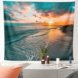 1pc Sunset Beach Seascape Nature Tapestry Art Mural for Studio Home Office Apartment Ceiling Decor Meditation Room Soft Material Wall Hanging Art
