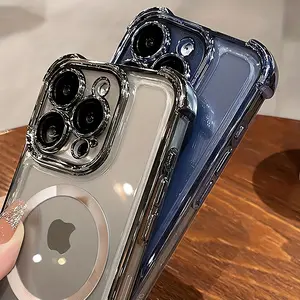 Transparent Phone Case with Electroplated Bumper & Magnetic Ring for iPhone 11 12 13 14 15 16 17 Pro Max Plus Air & Samsung S22-S26 Ultra, Four-Corner Airbag Shockproof, Wireless Charging Supported