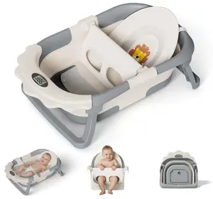 #Summervibes，MoreFeel Foldable Baby Bathtub with Thermometer - 4-in-1 Grow-with-Me Collapsible Infant Tub (Newborn to Toddler) with Adjustable Mesh Sling - Space Saving Design