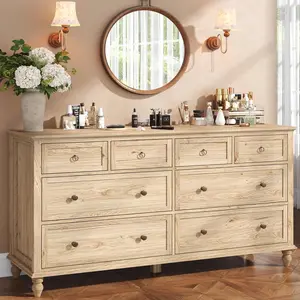 65inch Large Long Drawer Dresser w/Deep Drawers, Rustic Wood 8 Drawer Dresser with Large Capacity for Living Room, Wooden Chest of Drawers for Bedroom, Living Room, Entryway