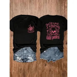 Women's Edgy "Be The Whole Problem" Graphic T-Shirt Pink Skull & Floral Design Rockabilly Style Black Casual Short Sleeve Tee