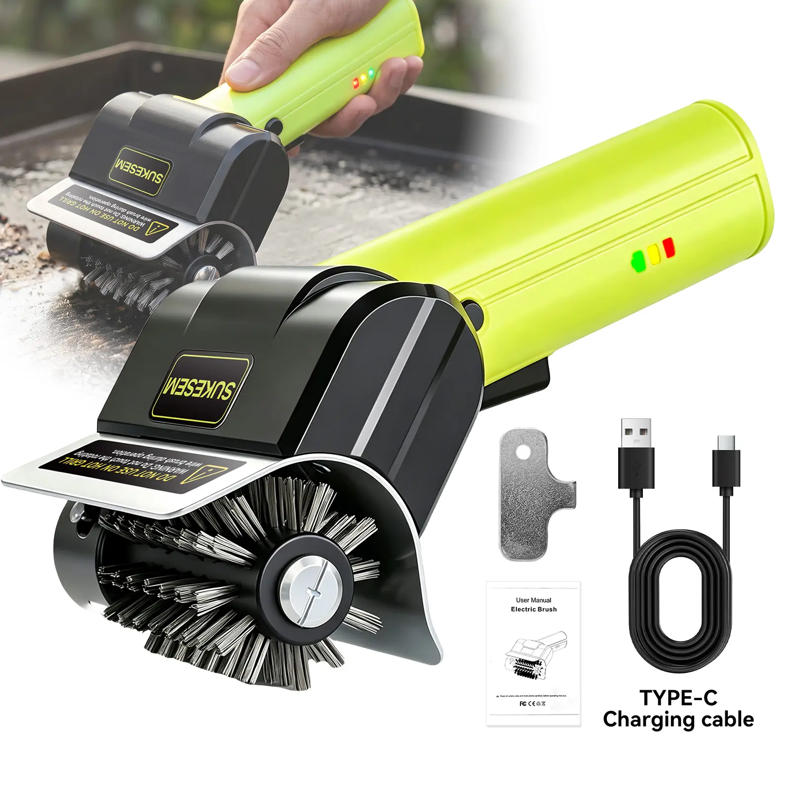SUKESEM Cordless Electric Grill Brush, Rechargeable BBQ Grill Cleaner with Stainless Steel Rotating Brush, LED Light & Battery Indicator for Burnt Grease Removal for Gas/Charcoal/Weber Grates