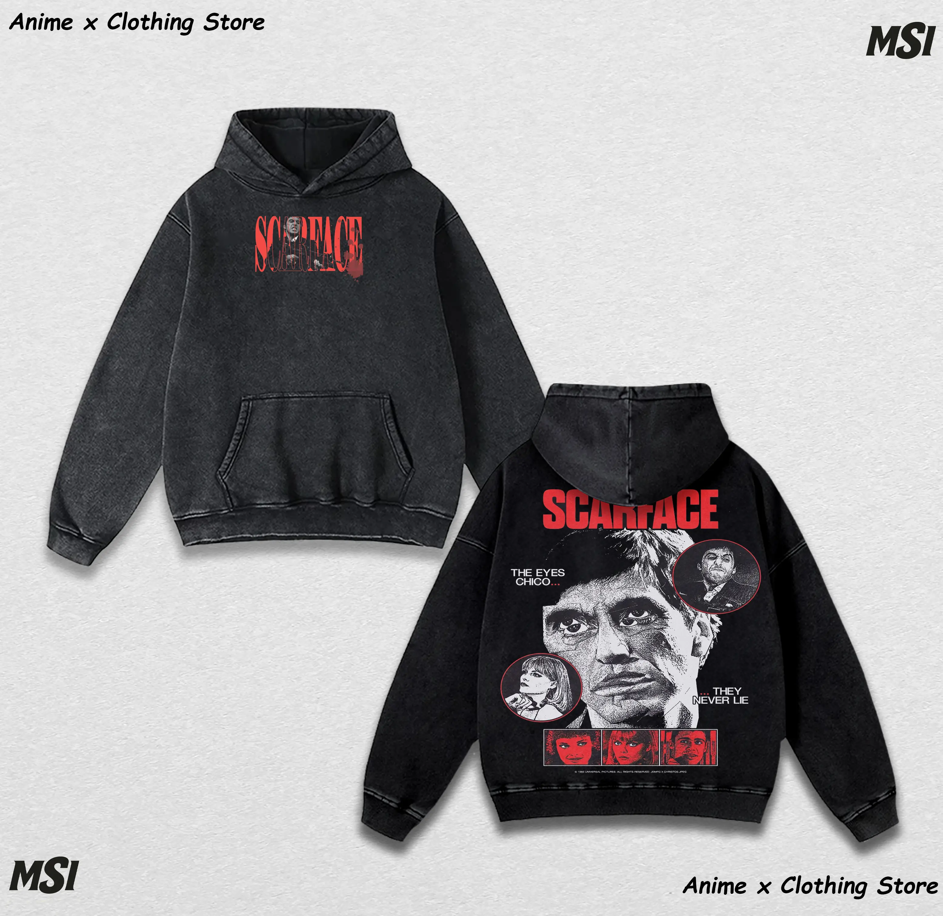 Scarface Al Pacino Hoodie | The Eyes Chico Quote Acid Washed Heavyweight Pullover, Vintage Film Bootleg Style, Oversized Mafia Tribute Apparel.