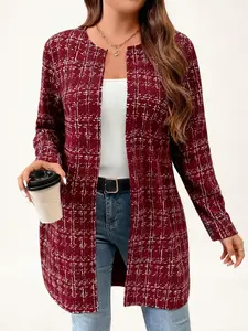 Women's Plus Size Open Front Gingham Cardigan Coat, Stylish Outerwear for Everyday Wear, Comfortable and Versatile Ladies' Jacket