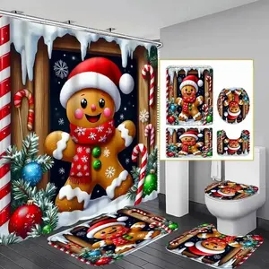 1/4pc Christmas Gingerbread Man Themed Shower Curtain Set, featuring a snowman and gifts. Waterproof and non-slip bathroom mat, toilet U-shaped mat. Perfect for bathroom decoration, partitioning, and beautifying the space, Bathroom Decoration Accessories
