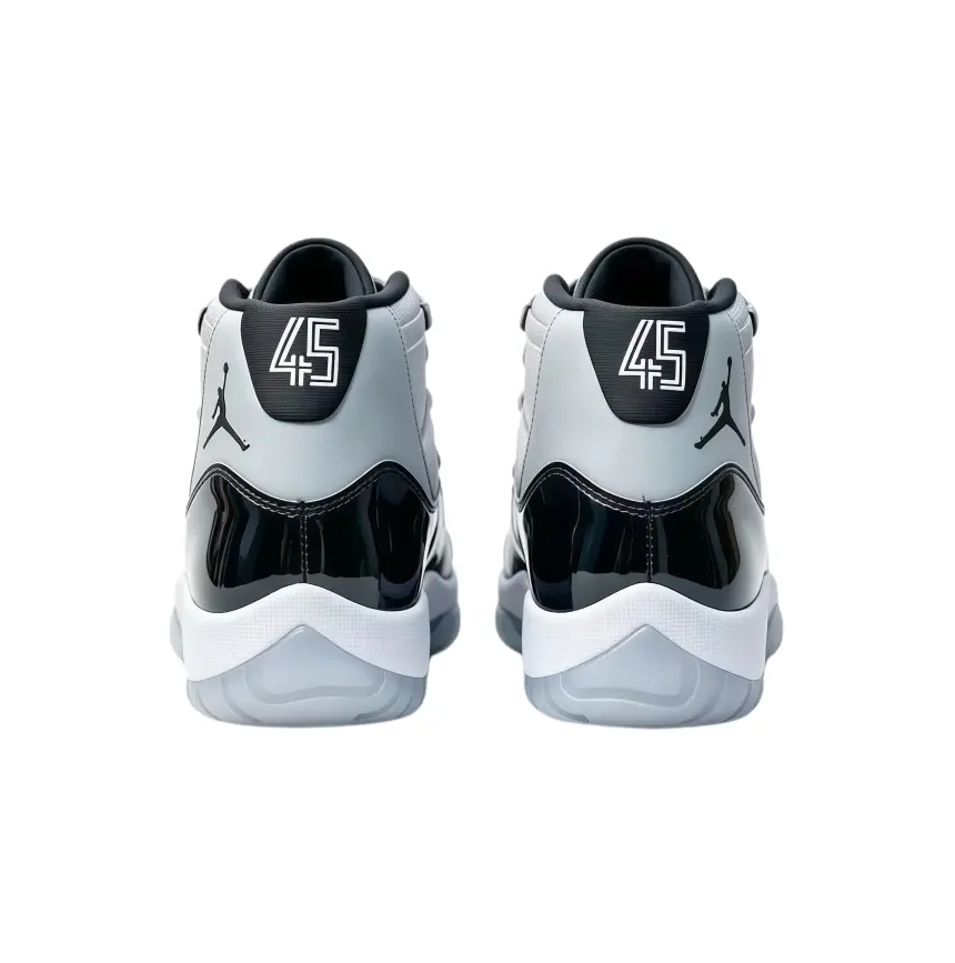Grey Black Retro 11 High Tops Brand New With Matching Shoe Box, glossy black patent leather toe cap matched with light grey woven upper, translucent icy clear rubber outsole. Unisex vintage sneakers for daily streetwear and sneaker collection showcase