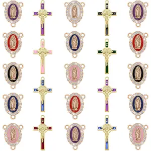48 count/24Sets Rosary Making Kits Supplies Religion Cross and Center Medal Charms Alloy Enamel Rhinestones Virgen de Guadalupe Pendant for Diy Catholic Prayer Necklace