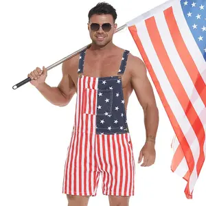 4th of July American Flag Overalls for Men and Women Unisex USA 250th Anniversary Shorts Stretchy Denim Romper Memorial Day Coveralls Patriotic Gifts Summer Wins Wear Independence Day Jumpsuits Fashion Father's Day BBQ Outdoor Menswear