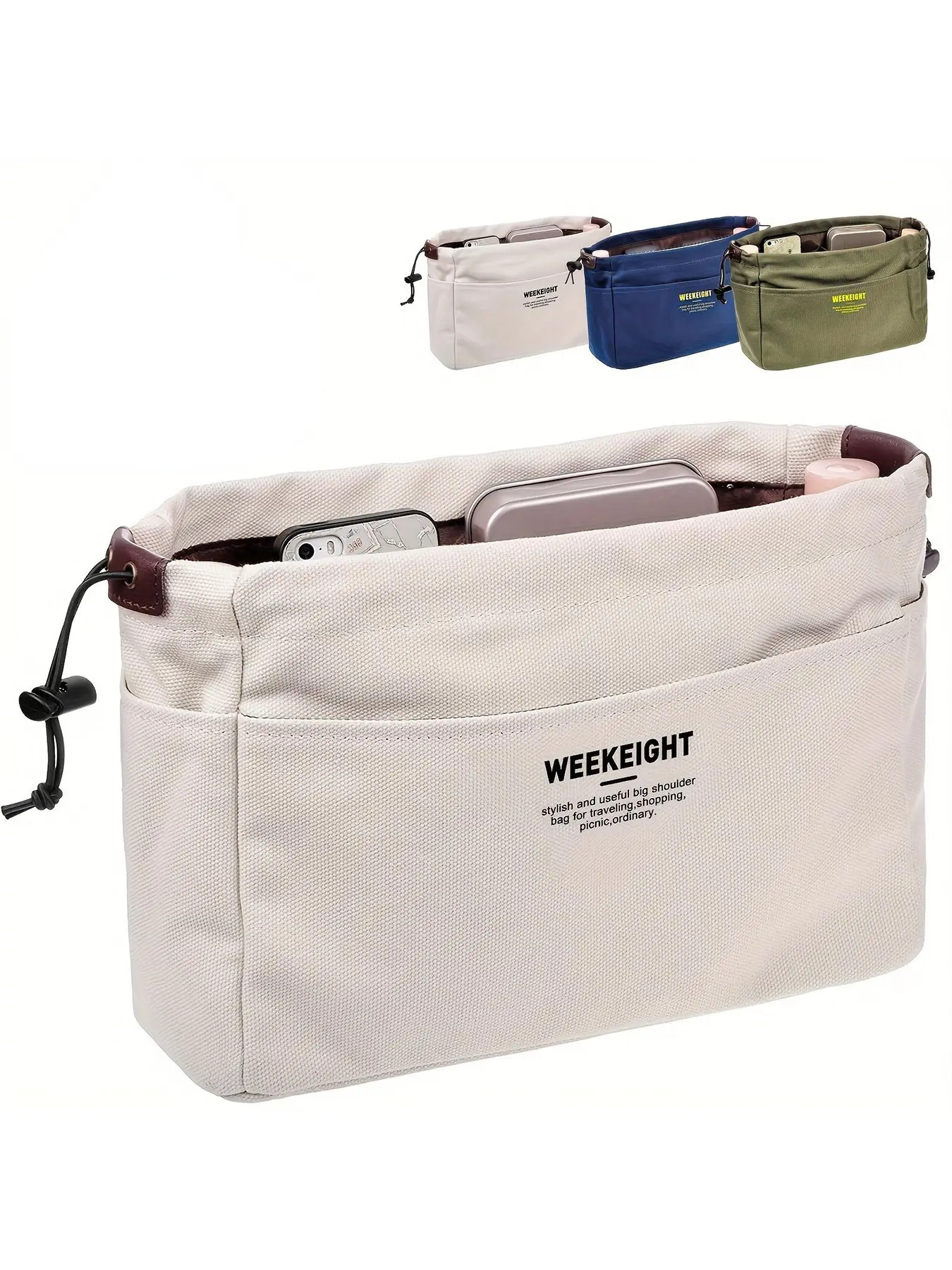 Lightweight Canvas Drawstring Storage Bag - Travel Organizer Bag, Travel Essentials, Travel Essentials Organization, Multi-Pocket Large Capacity, Machine Washable, Army Green, Zippered Pouch for Cosmetics/Electronics