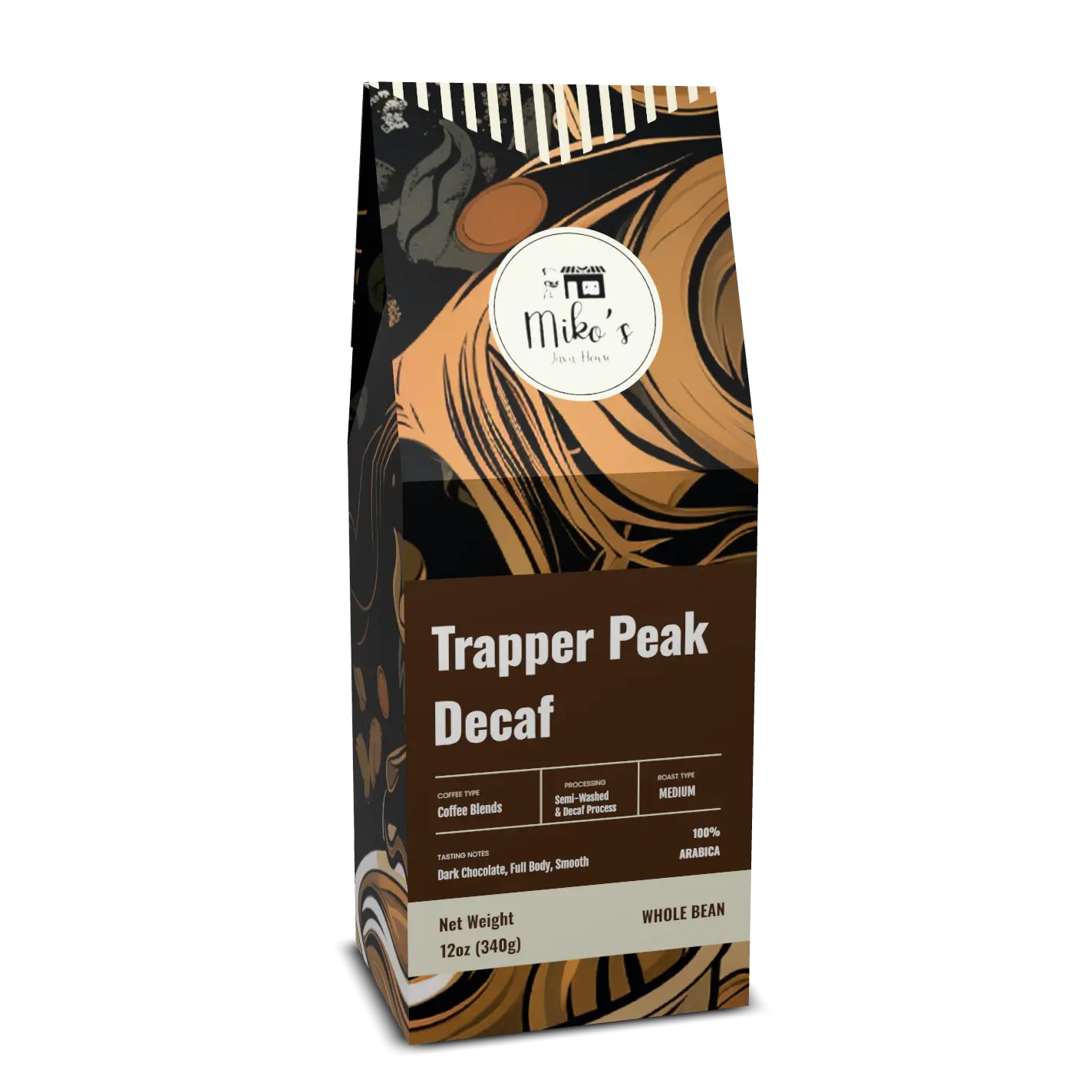 Mikos Java House Trapper Peak Decaf Coffee, Medium-Dark Roast Whole Bean, 100% Arabica, Indonesian, Swiss Water Process, 12 oz