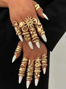 Women's Boho Metal Ring Set, Vintage Elegant Geometric Star Sun Flower Heart Water Drop Pearl Design, Daily Party Beach Vacation Gift, Statement Rings