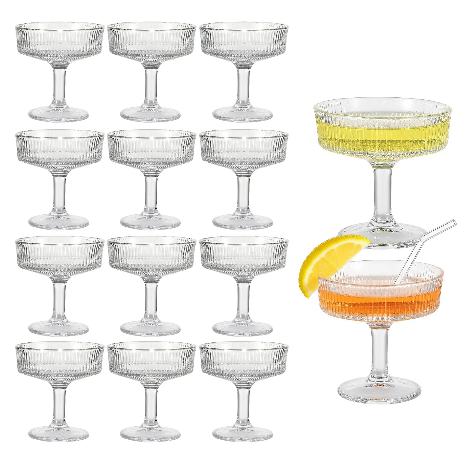 Garvee Pack of 12 Ribbed Coupé Glasses – Classic 7 oz Martini Glass Set, Clear Cocktail Glasses for Whiskey and Margarita (4.25 inches tall) for Home Bar, Wedding, Gifts