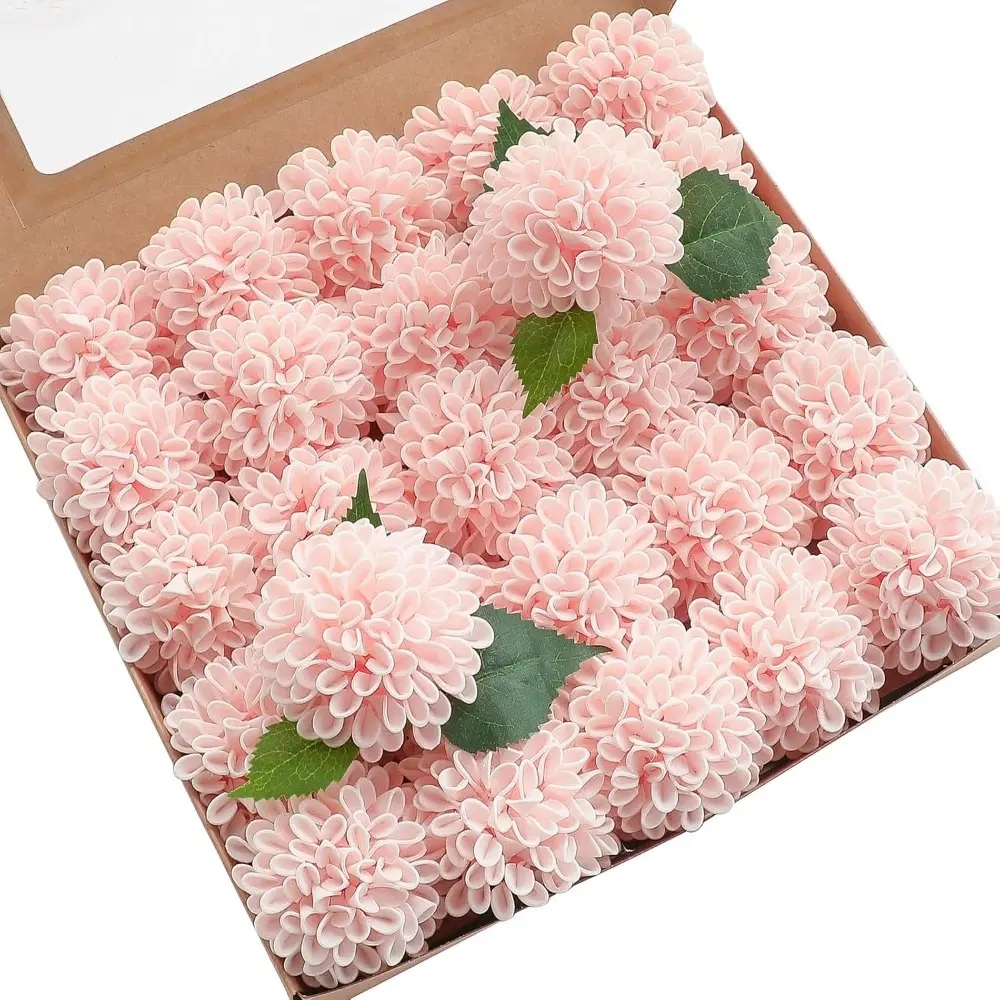 25pcs Adjustable Floral Foam Decorative Flowers - Blush Pink Dahlia & Fake Roses with Stems, Box Set for DIY Projects, Wedding Bouquets, Party Centerpieces Home Decor, Home Decor Blooms
