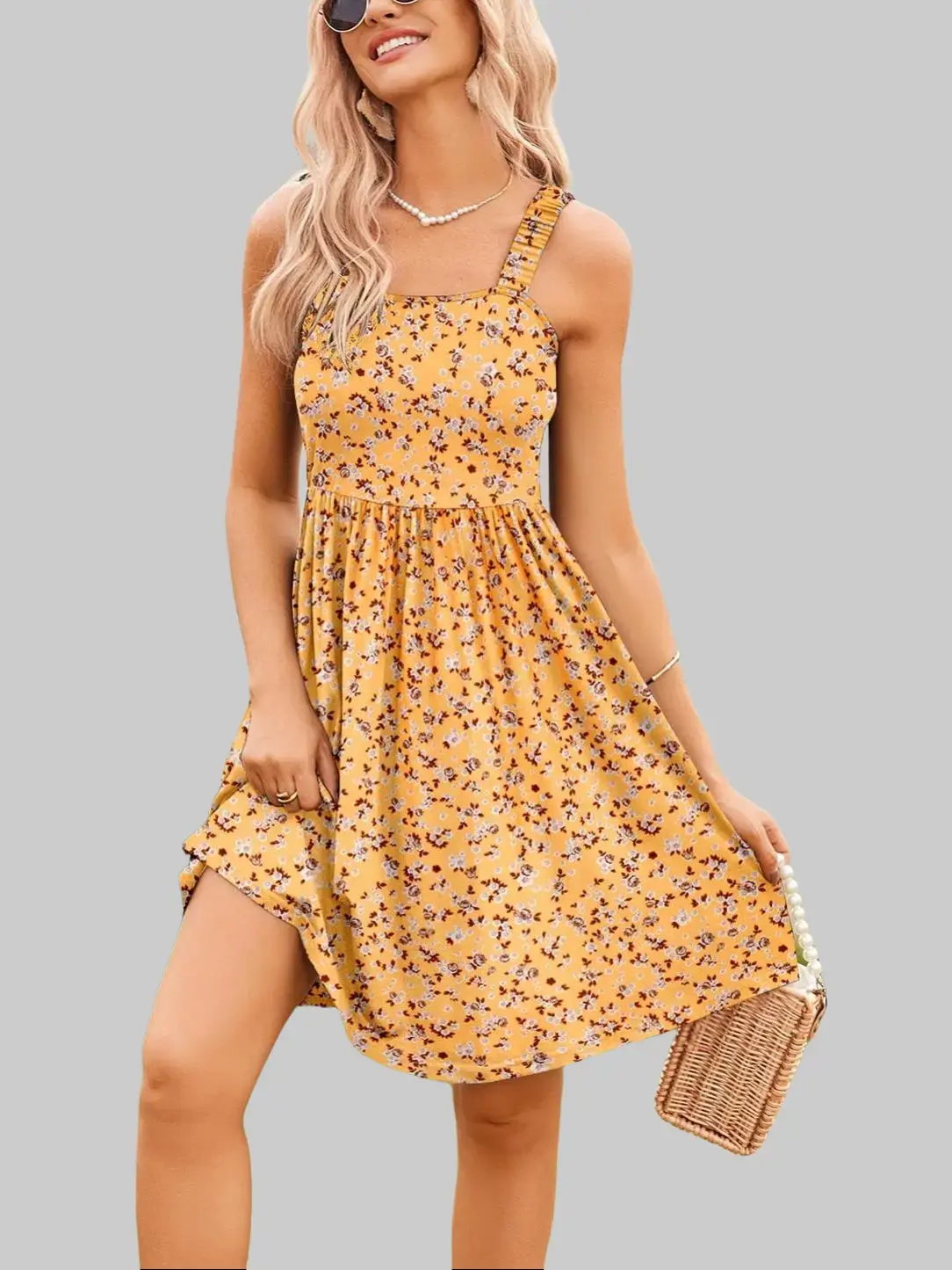 Women's Summer Dress Floral Square Neck Sleeveless Casual Dress with Pockets A-line Swing Mini Dresses Sundress